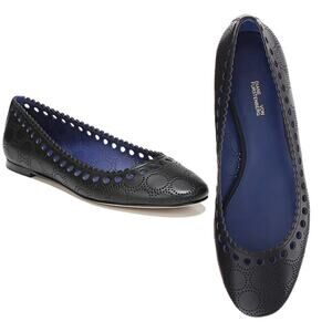 Diane von Furstenberg Corolla Flats Black Leather Perforated Scallop Trim Sz 7.5